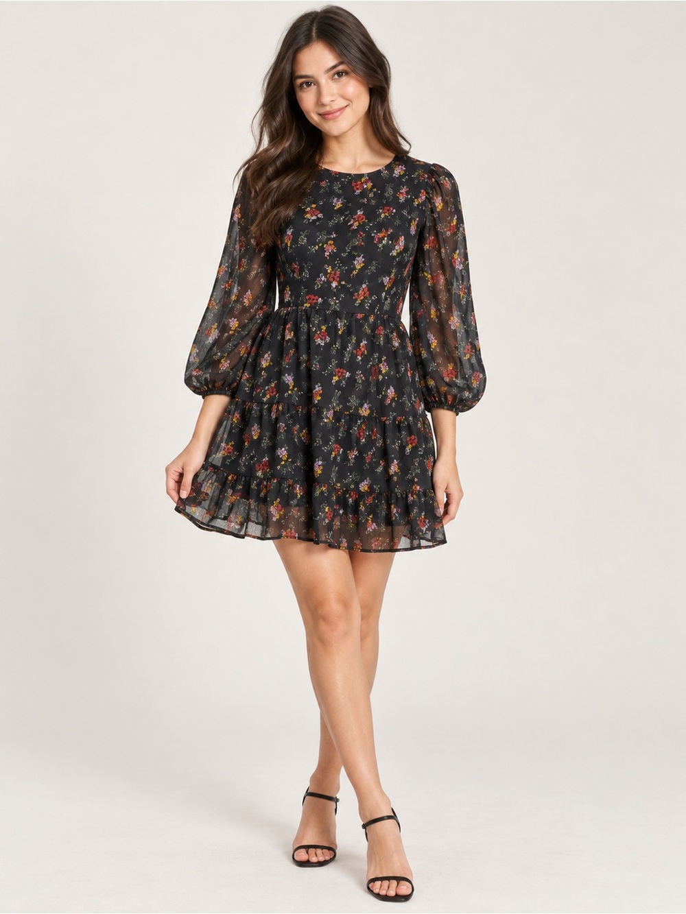 Abercrombie & Fitch Floral Tiered Mini Dress Small Petite Black Sheer Puff Sleev